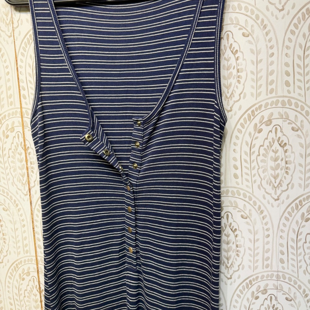 Athleta Maxi Dress Womens Medium Blue Striped Henley Button Sleeveless Rib Knit - Picture 2 of 7